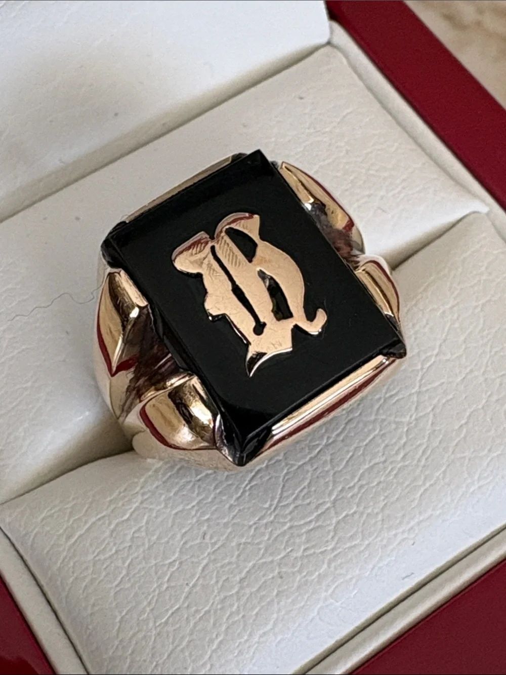 Vintage 10K Rose Gold Black Onyx Initial B Signet Ring - Size 8.25 Unisex